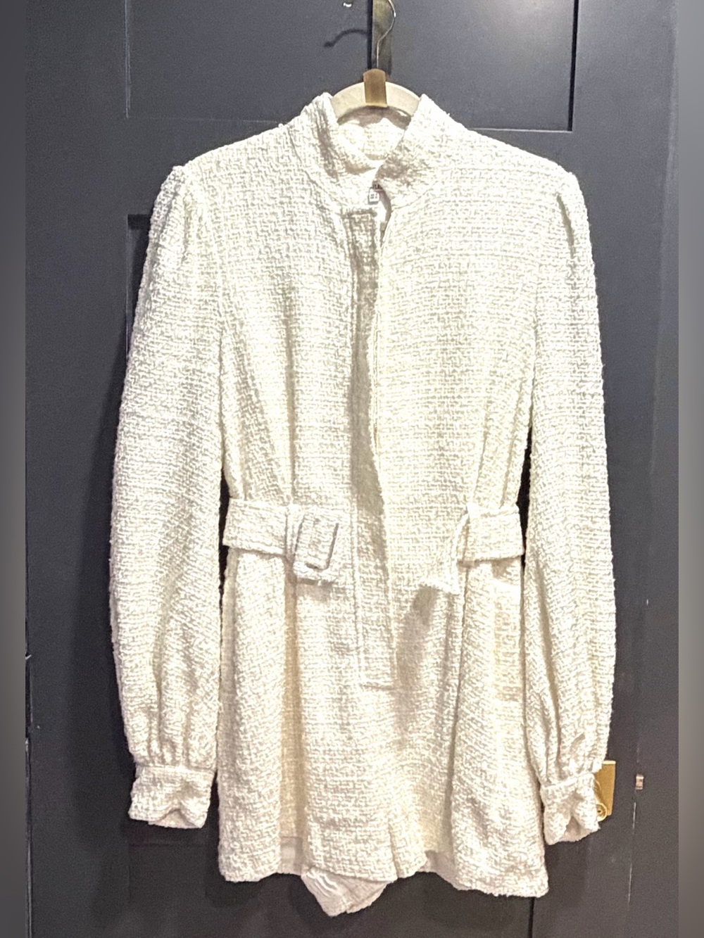 SAULEE Ivory Bouclé Tweed Belted Romper